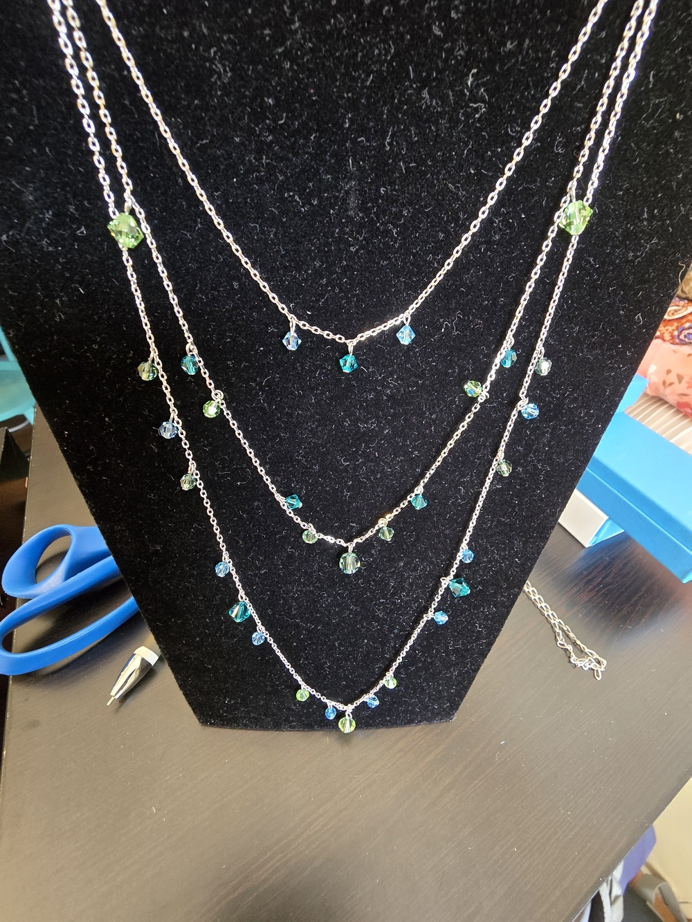 Silver Multi-Strand Necklace with Blue and Green Crystal Drops - Picture 4 of 5